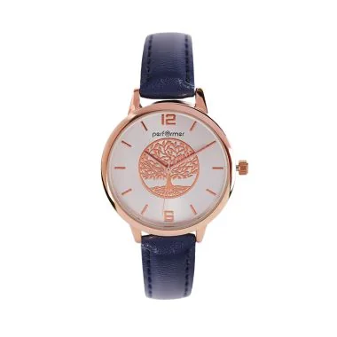 Face Montre Classique Performer Femme Arbre de Vie Simili Cuir Bleu Cadran Doré Rose