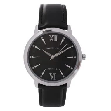 Face Montre Classique Performer Homme Simili Cuir Noir Lisse Boitier Argenté Strass