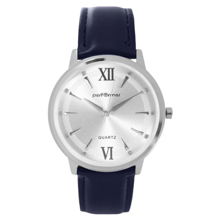 Face Montre Classique Performer Homme Simili Cuir Bleu Lisse Boitier Argenté Strass