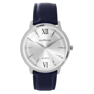 Face Montre Classique Performer Homme Simili Cuir Bleu Lisse Boitier Argenté Strass