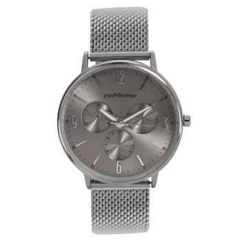 Face Montre Classique Performer Mixte Maille Milanaise Grise Cadran Argenté Chrono Factice