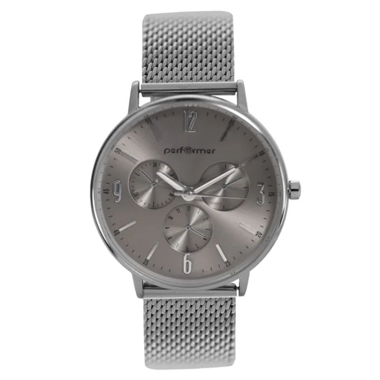Face Montre Classique Performer Mixte Maille Milanaise Grise Cadran Argenté Chrono Factice