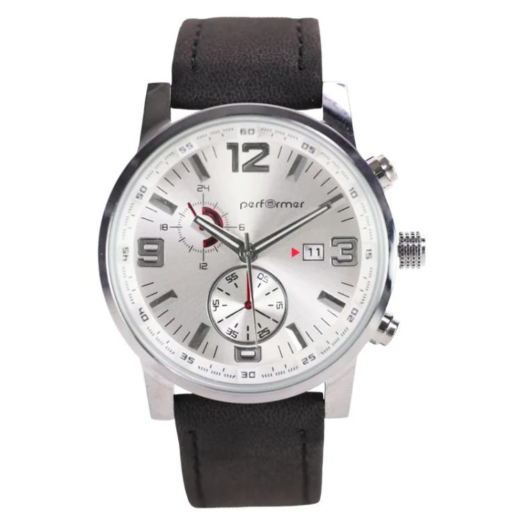 Face Montre Chronographe Performer Homme Simili Cuir Noir Cadran Gris Dateur