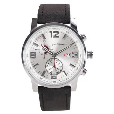 Face Montre Chronographe Performer Homme Simili Cuir Noir Cadran Gris Dateur