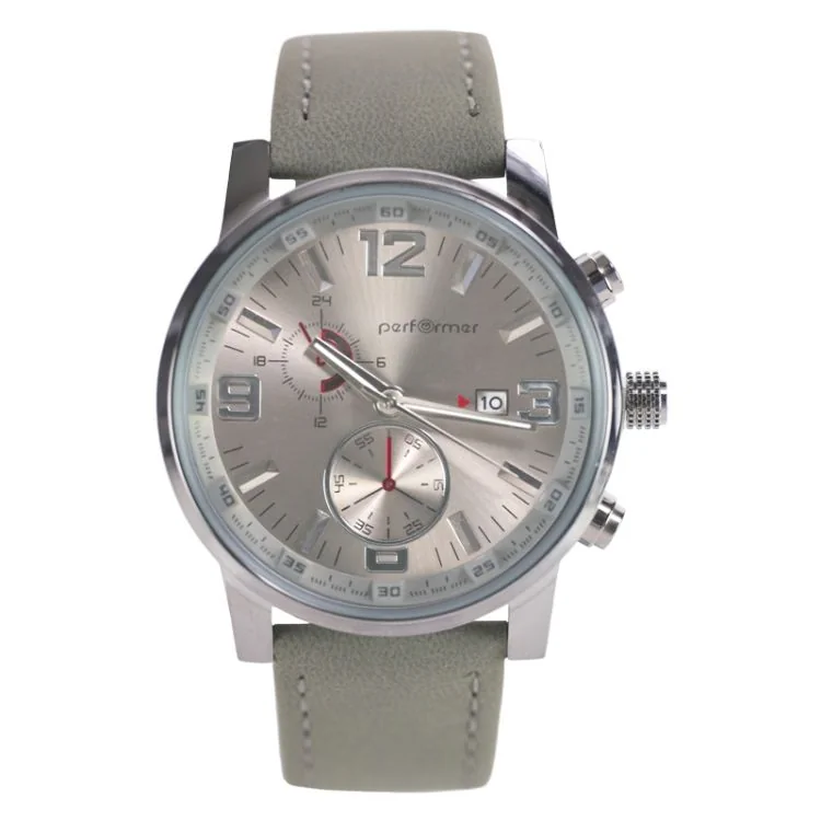Face Montre Chronographe Performer Mixte Simili Cuir Gris Cadran Gris Dateur
