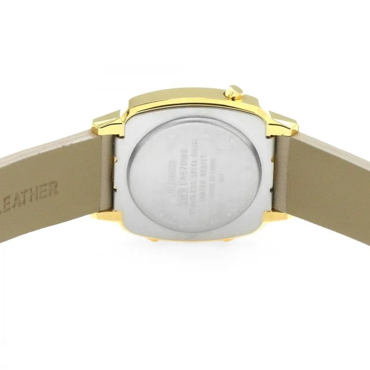 Dos Montre Casio Vintage Mini Femme Cuir Beige Cadran Doré LA670WEFL-9EF