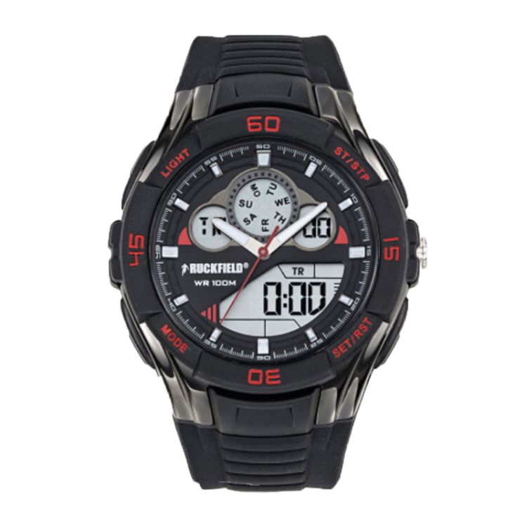 Face Montre Ruckfield Sport Anadigital Multifonction Silicone Noir Rouge