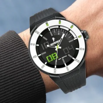 Portée Montre Ruckfield Moderne Multifonction Silicone Noir Cadran Noir Blanc et Vert