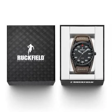 Coffret Montre Ruckfield Vintage Cuir Marron Surpiqûre Blanche Cadran Noir Blanc