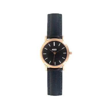 Face Montre Ecoresponsable eHo Femme Simili Cuir Noir et Dorée