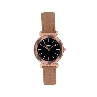 Face Montre eHo Ecoresponsable Femme Cuir Marron Cadran Noir