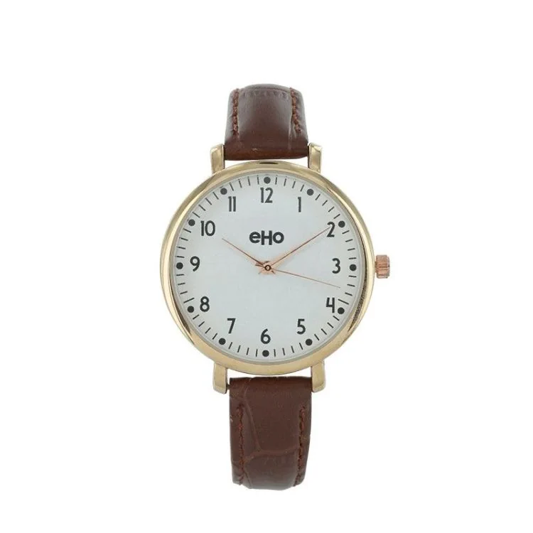 Face Montre Ecoresponsable eHo Femme Cuir Marron Cadran Blanc
