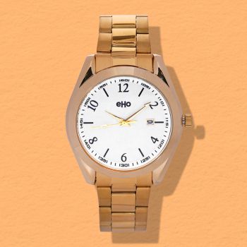 Face Montre Ecoresponsable eHo Métal Doré Cadran Blanc Dateur fond orange