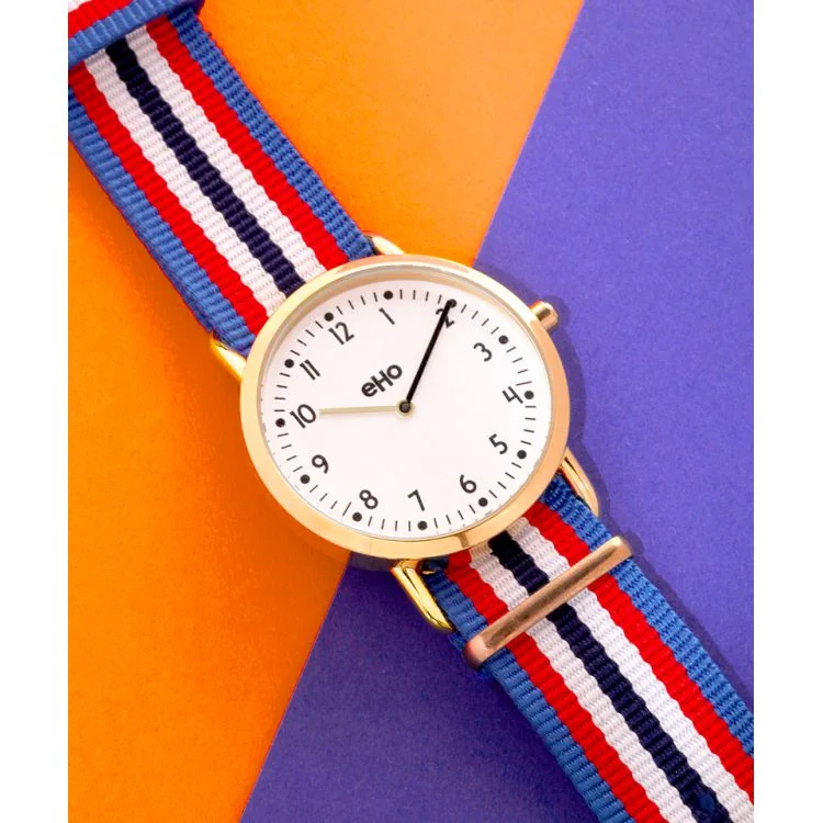 Montre eHo Ecoresponsable Textile bleu rouge blanc Cadran Blanc à plat