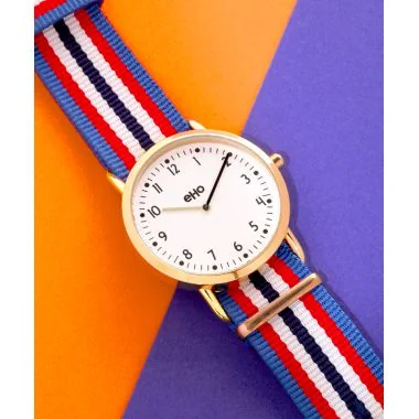 Montre eHo Ecoresponsable Textile bleu rouge blanc Cadran Blanc à plat