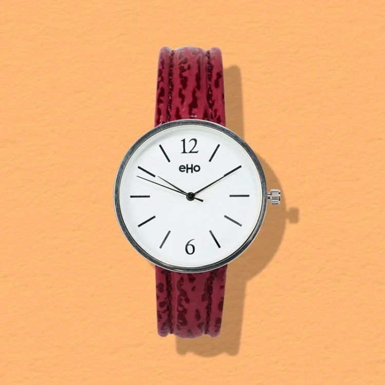 Face couleurs Montre eHo Ecoresponsable Cuir Pourpre Croco, Cadran Blanc