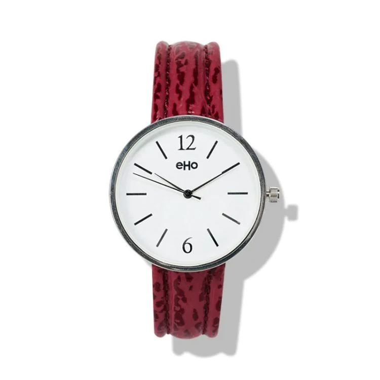 Face Montre eHo Ecoresponsable Cuir Pourpre Croco, Cadran Blanc