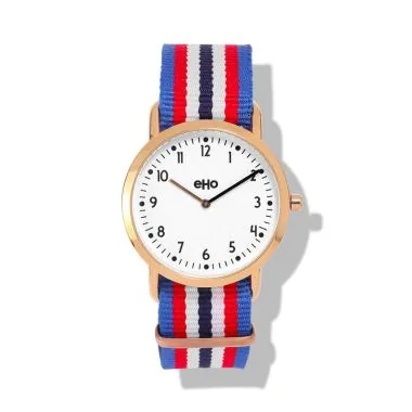 eHo Eco-Friendly Watch Face: Blue, Red, and White Textile Strap with White Dial