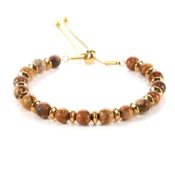 Face Bracelet Femme Chic en Acier Inoxydable Doré et Jaspe Paysage
