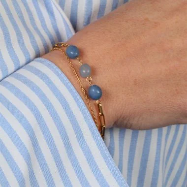 Portée Bracelet Femme Acier Doré et Pierre Naturelle Agathe Bleu