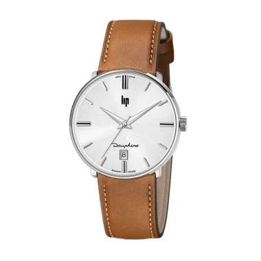 Face Montre LIP - Dauphine 38 mm - Cuir Marron Cadran Gris