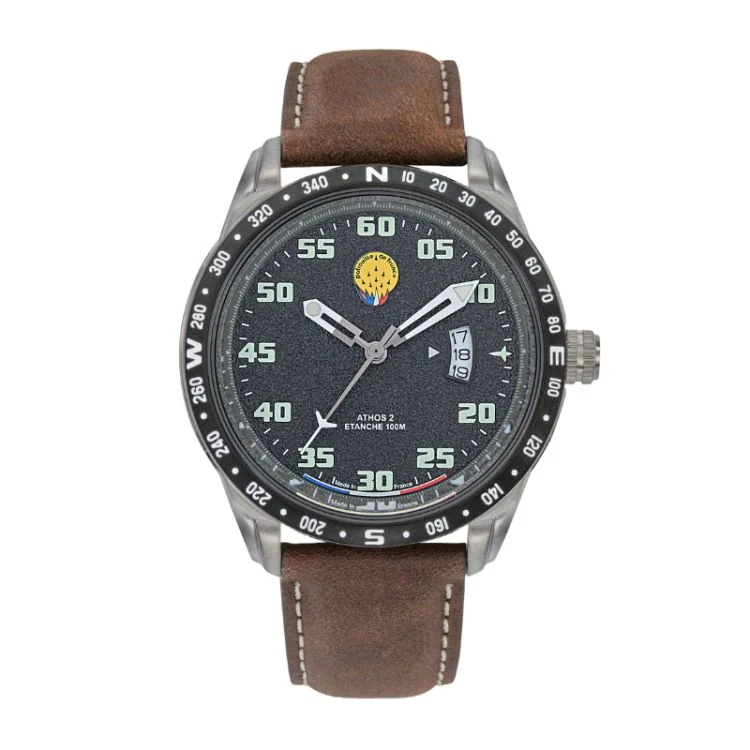 Face Montre Aviateur Patrouille de France - Athos 2 - Dateur - Cuir Marron