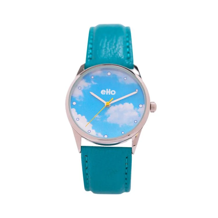 eHo Eco-Friendly Watch with Blue Leather Strap and Sky Blue and White Dial