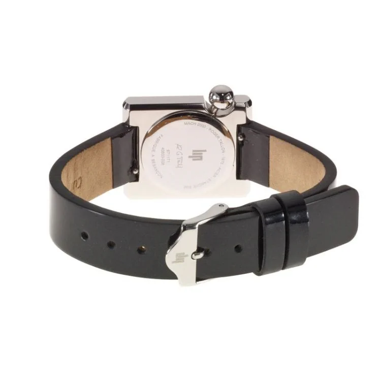 Dos Montre LIP - Mach 2000 - Mini Square - Cadran Argent - Cuir Lisse Noir