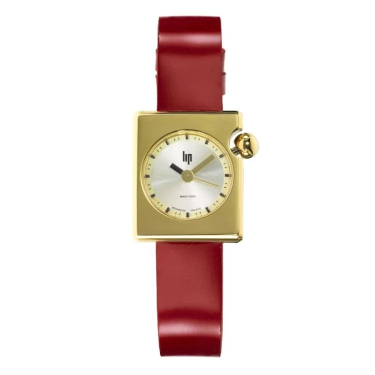 Face Montre LIP - Mach 2000 - Mini Square - Cadran Doré - Cuir Rouge Lisse