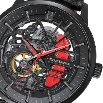 Cadran Montre Pierre Lannier - Paddock - Automatique - Squelette - Cuir Rouge