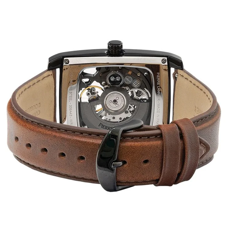 Dos Montre Pierre Lannier - Hector - Automatique - Squelette - Cuir Marron