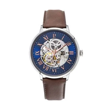 Pierre Lannier Automatic squelette cadran bleu cuir marron
