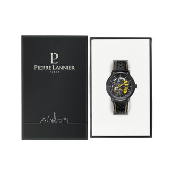 Coffret Montre Pierre Lannier - Paddock - Automatique - Squelette - Cuir Jaune