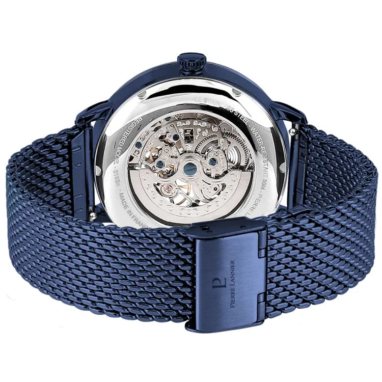 Dos Montre Pierre Lannier - Automatic - Squelette - Maille Milanaise Bleu