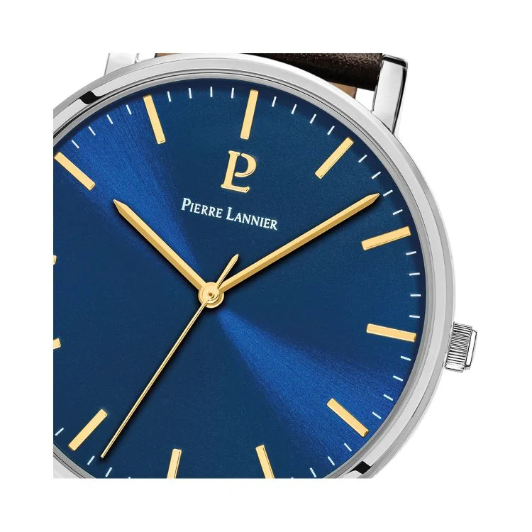 Cadran Montre Pierre Lannier - Essential - Cadran Bleu - Cuir Marron