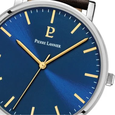 Cadran Montre Pierre Lannier - Essential - Cadran Bleu - Cuir Marron