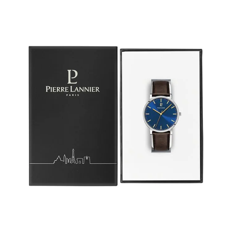 Coffret Montre Pierre Lannier - Essential - Cadran Bleu - Cuir Marron