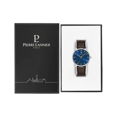 Coffret Montre Pierre Lannier - Essential - Cadran Bleu - Cuir Marron