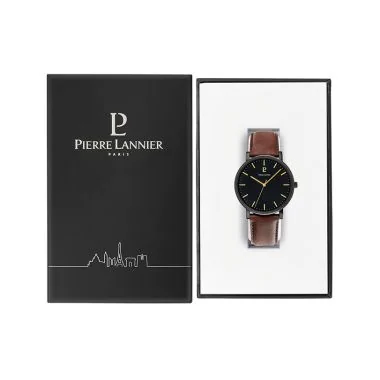 Coffret Montre Pierre Lannier - Essential - Cadran Noir - Cuir Marron