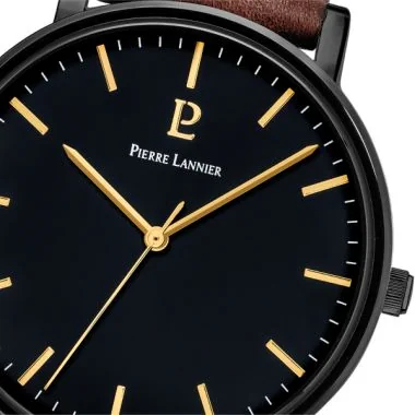 Cadran Montre Pierre Lannier - Essential - Cadran Noir - Cuir Marron