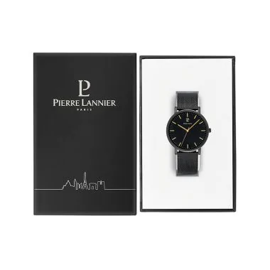 Coffret Montre Pierre Lannier - Essential - Cadran Noir - Maille Milanaise Noire