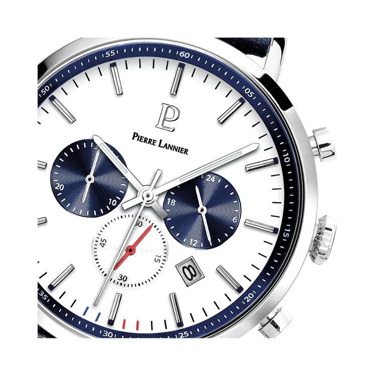 Cadran Montre Pierre Lannier - Barron - Chronographe - Cuir Bleu