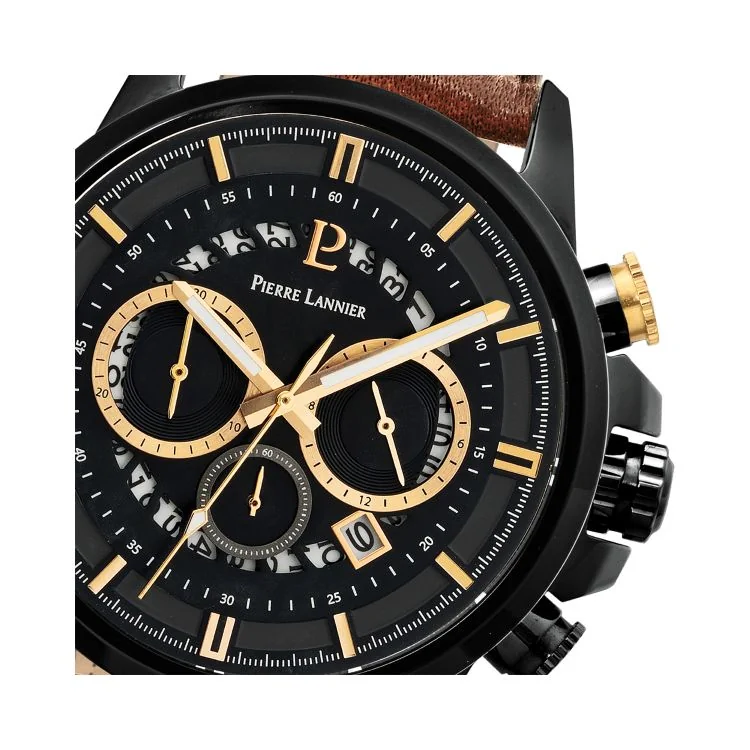 Cadran Montre Pierre Lannier - Sentinelle - Chronographe - Cuir Maron