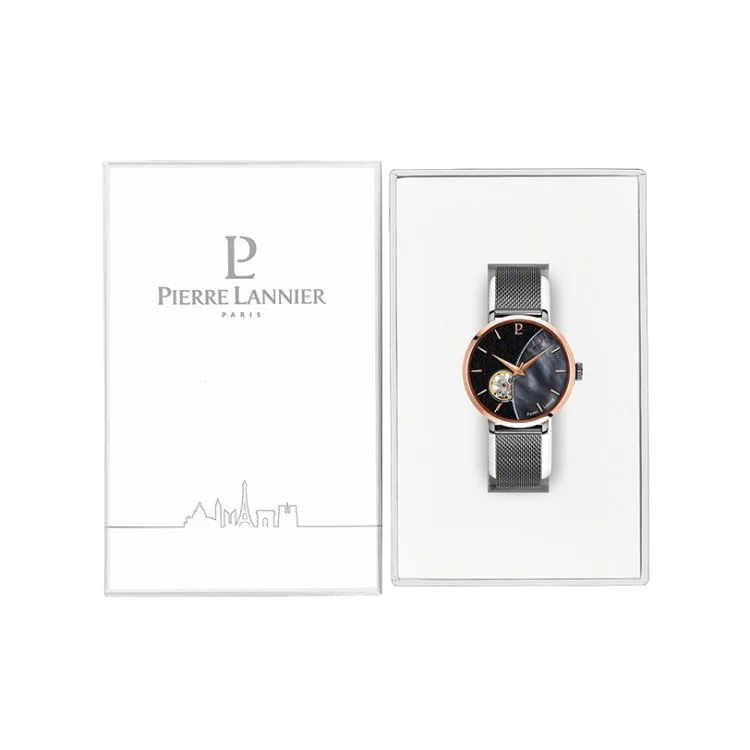 Coffret Montre Pierre Lannier - Céleste - Automatique - Cœur Ouvert - Maille Milanaise Noire