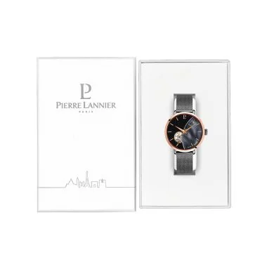 Coffret Montre Pierre Lannier - Céleste - Automatique - Cœur Ouvert - Maille Milanaise Noire