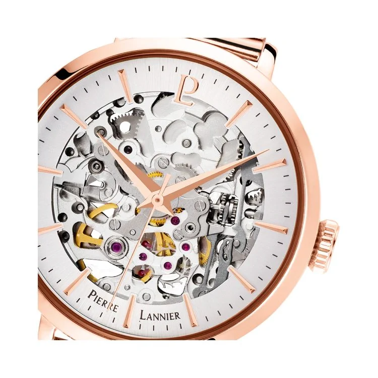 Cadran Montre Pierre Lannier - Automatic - Squelette - Maille Milanaise Rose