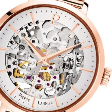 Cadran Montre Pierre Lannier - Automatic - Squelette - Maille Milanaise Rose