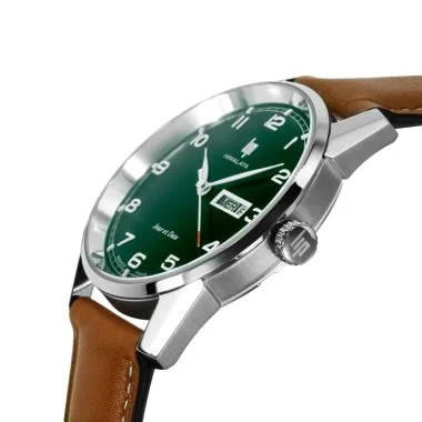 Profil Montre LIP - Himalaya 40 mm - Jours et Date - Cadran Vert - Cuir Marron