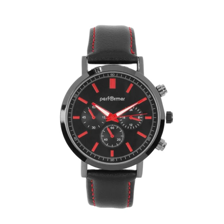 Montre Performer - Classique - Simili Cuir Noir et Rouge - Cadran Noir