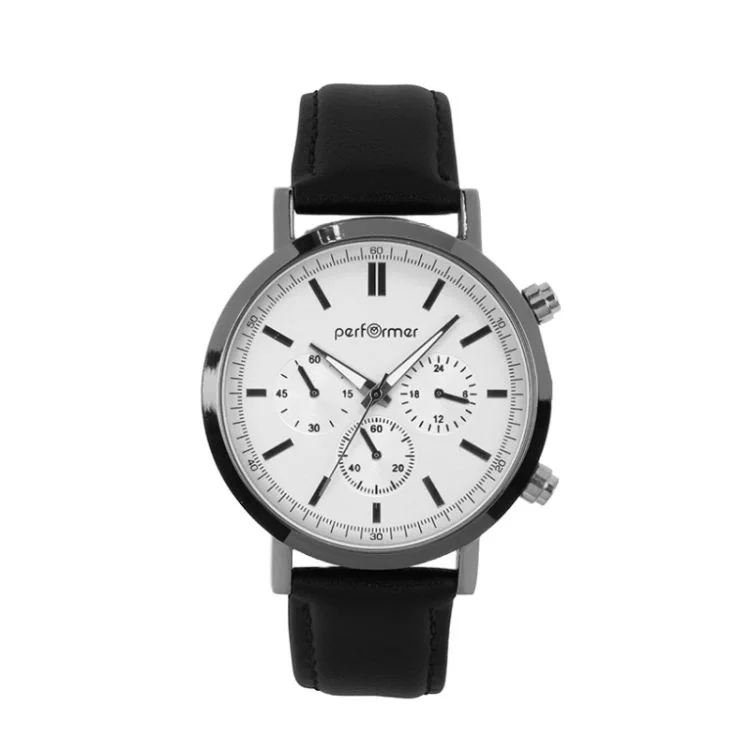 Montre Performer - Classique - Simili Cuir Noir - Cadran Blanc